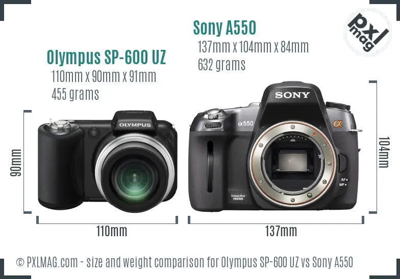 Olympus SP-600 UZ vs Sony A550 size comparison