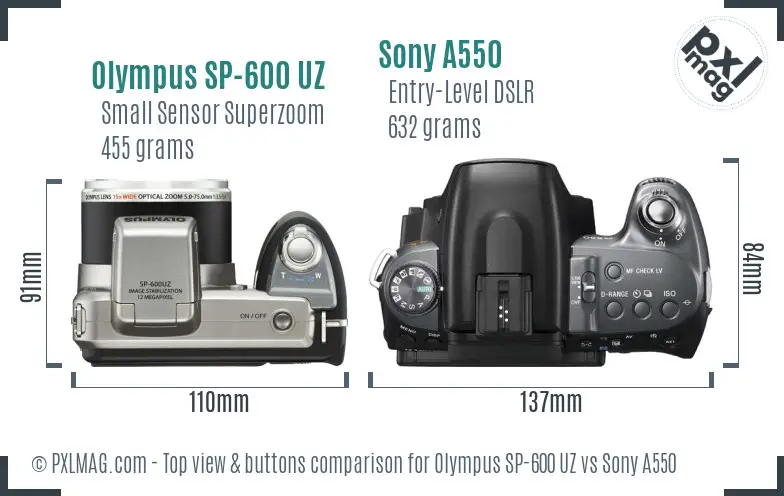 Olympus SP-600 UZ vs Sony A550 top view buttons comparison