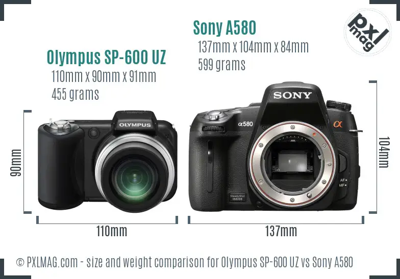 Olympus SP-600 UZ vs Sony A580 size comparison