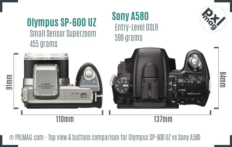Olympus SP-600 UZ vs Sony A580 top view buttons comparison