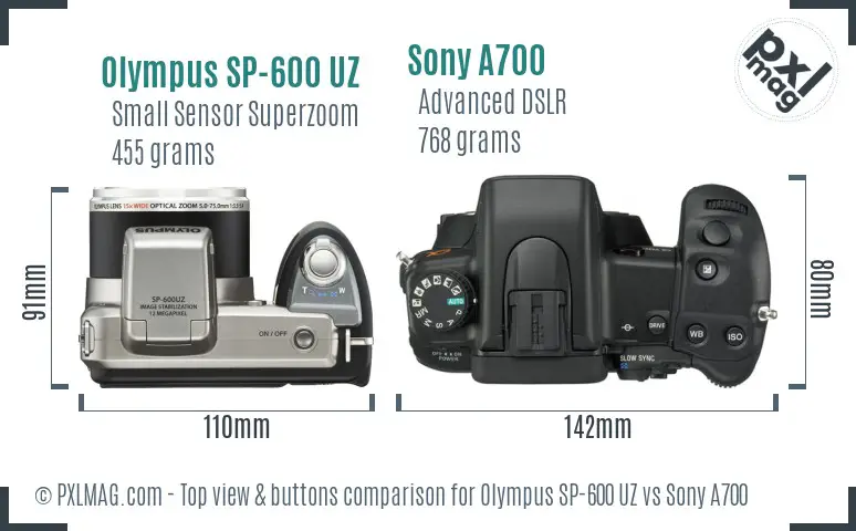 Olympus SP-600 UZ vs Sony A700 top view buttons comparison Olympus SP-600 UZ vs Sony A700 top view buttons comparison