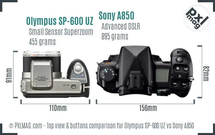 Olympus SP-600 UZ vs Sony A850 top view buttons comparison