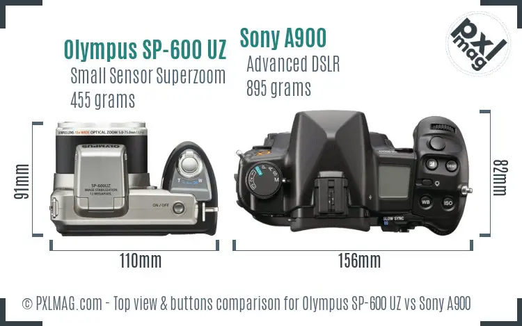 Olympus SP-600 UZ vs Sony A900 top view buttons comparison Olympus SP-600 UZ vs Sony A900 top view buttons comparison