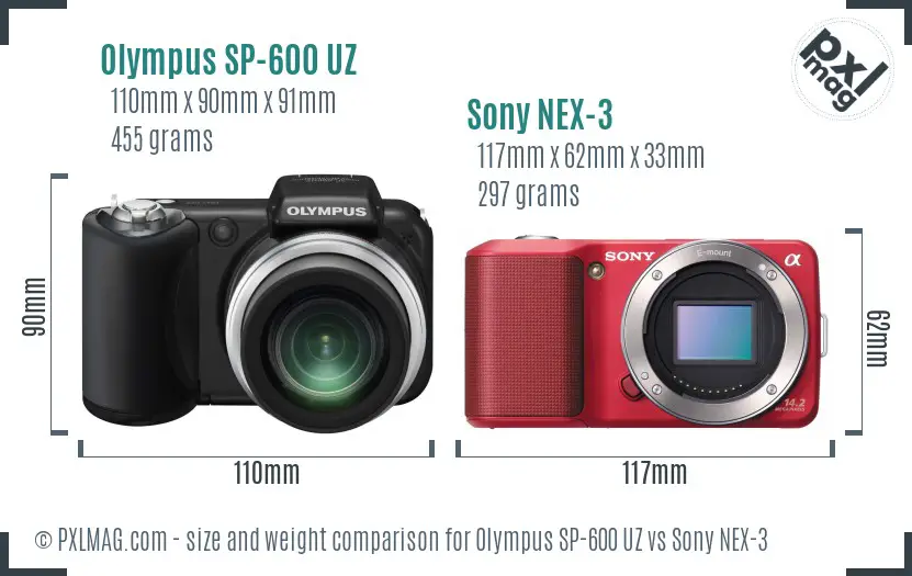 Olympus SP-600 UZ vs Sony NEX-3 size comparison Olympus SP-600 UZ vs Sony NEX-3 size comparison