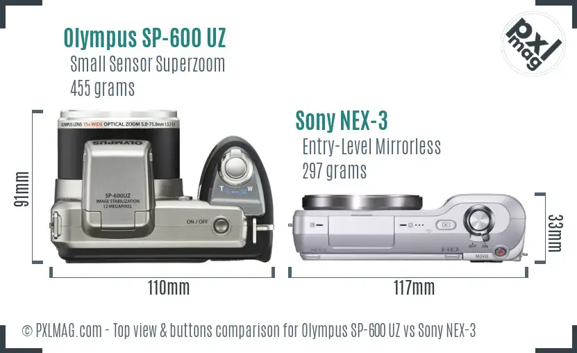 Olympus SP-600 UZ vs Sony NEX-3 top view buttons comparison Olympus SP-600 UZ vs Sony NEX-3 top view buttons comparison