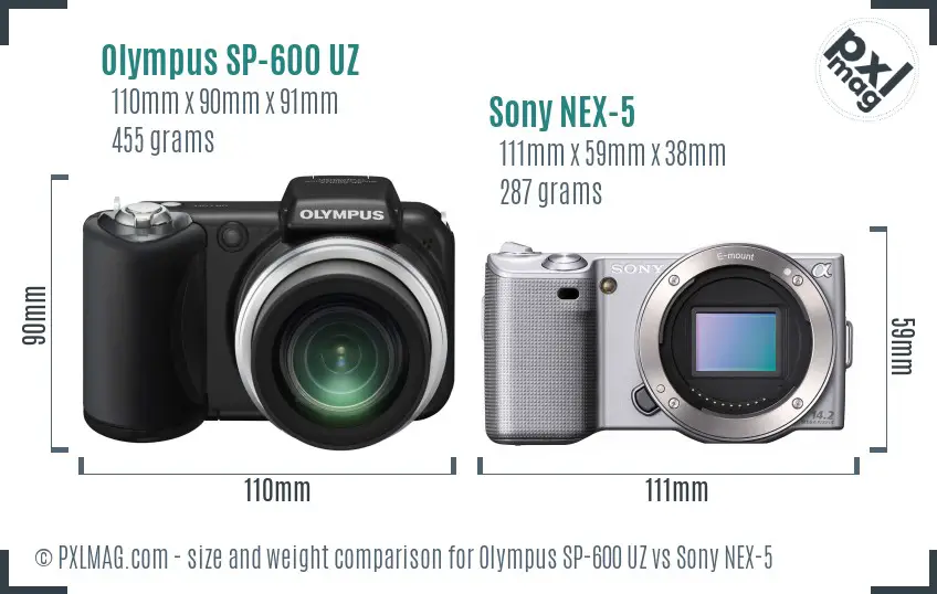 Olympus SP-600 UZ vs Sony NEX-5 size comparison