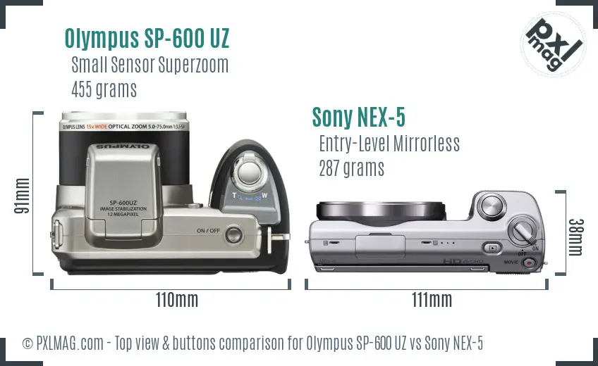 Olympus SP-600 UZ vs Sony NEX-5 top view buttons comparison