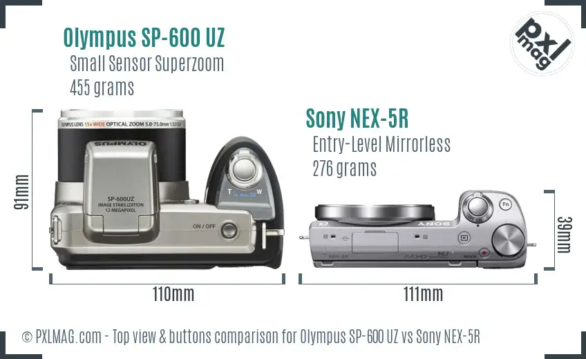 Olympus SP-600 UZ vs Sony NEX-5R top view buttons comparison