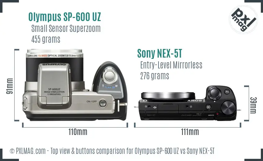 Olympus SP-600 UZ vs Sony NEX-5T top view buttons comparison