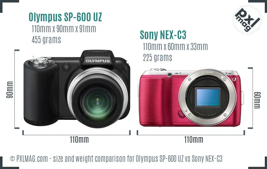 Olympus SP-600 UZ vs Sony NEX-C3 size comparison