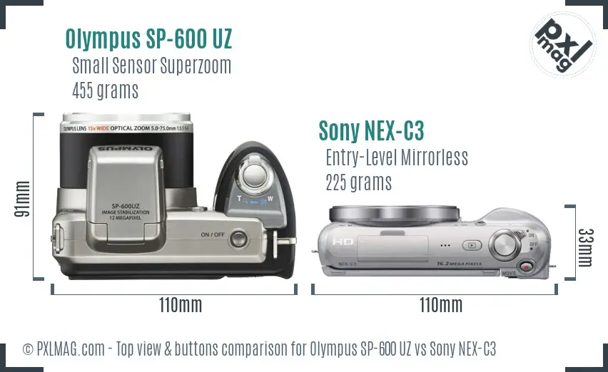 Olympus SP-600 UZ vs Sony NEX-C3 top view buttons comparison