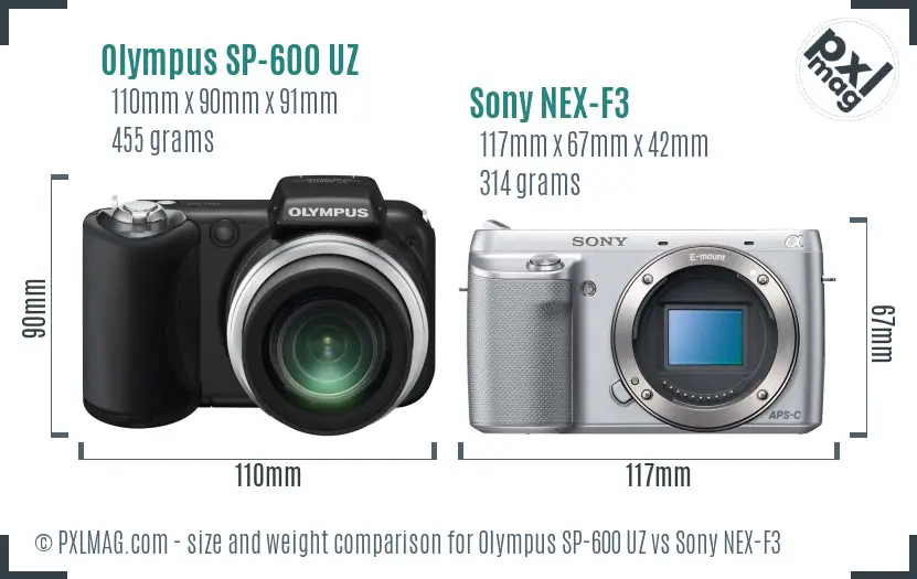 Olympus SP-600 UZ vs Sony NEX-F3 size comparison Olympus SP-600 UZ vs Sony NEX-F3 size comparison