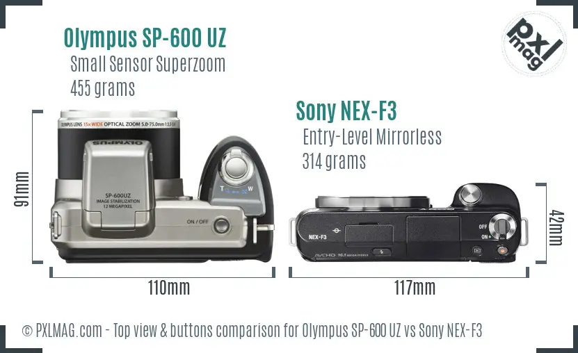 Olympus SP-600 UZ vs Sony NEX-F3 top view buttons comparison Olympus SP-600 UZ vs Sony NEX-F3 top view buttons comparison