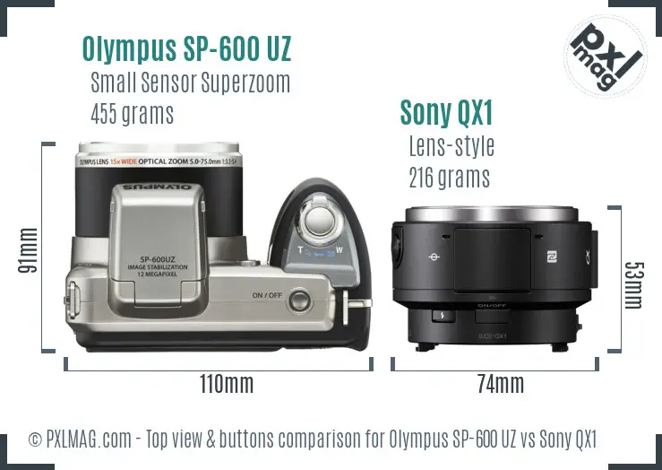 Olympus SP-600 UZ vs Sony QX1 top view buttons comparison
