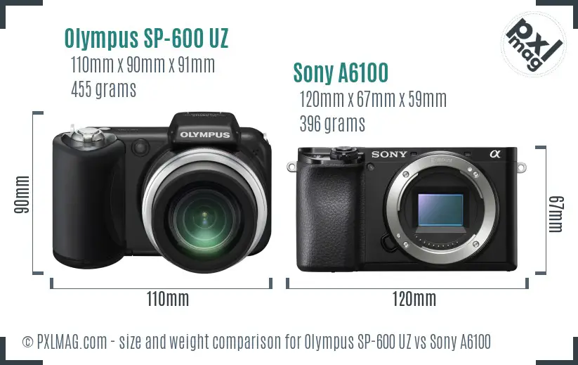 Olympus SP-600 UZ vs Sony A6100 size comparison