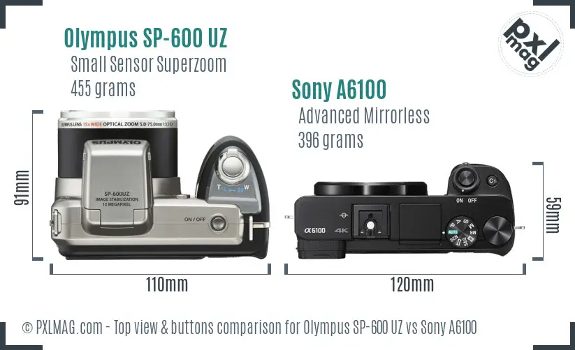 Olympus SP-600 UZ vs Sony A6100 top view buttons comparison