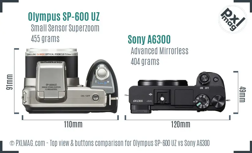 Olympus SP-600 UZ vs Sony A6300 top view buttons comparison