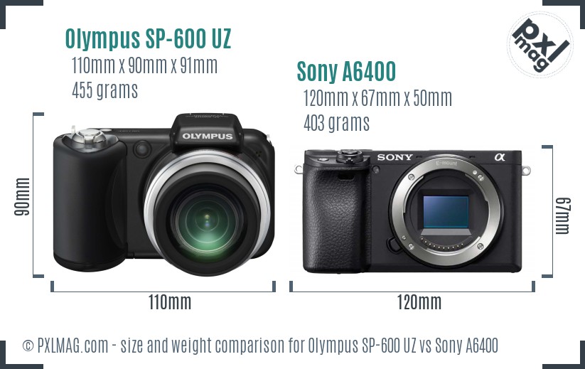 Olympus SP-600 UZ vs Sony A6400 size comparison