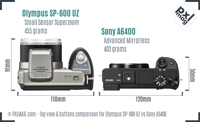 Olympus SP-600 UZ vs Sony A6400 top view buttons comparison