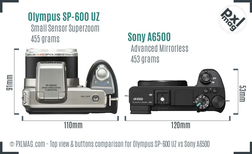 Olympus SP-600 UZ vs Sony A6500 top view buttons comparison