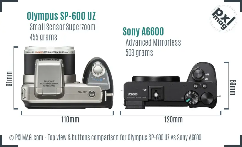 Olympus SP-600 UZ vs Sony A6600 top view buttons comparison