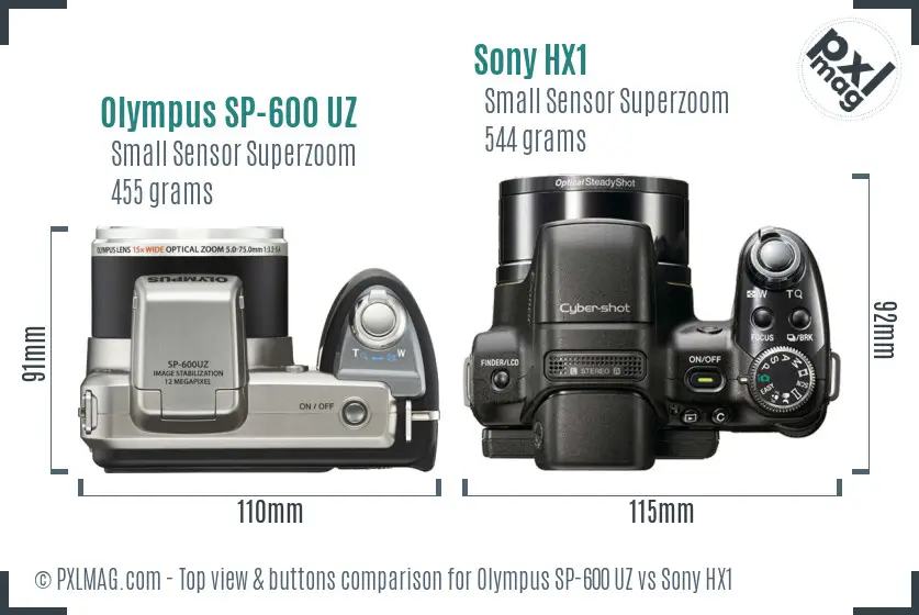 Olympus SP-600 UZ vs Sony HX1 top view buttons comparison