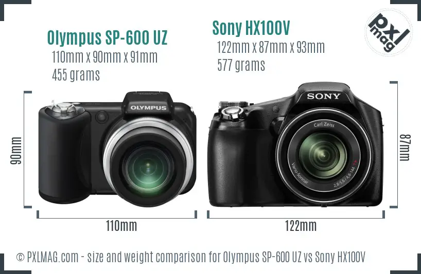 Olympus SP-600 UZ vs Sony HX100V size comparison Olympus SP-600 UZ vs Sony HX100V size comparison