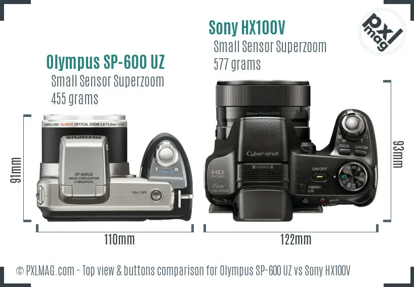 Olympus SP-600 UZ vs Sony HX100V top view buttons comparison Olympus SP-600 UZ vs Sony HX100V top view buttons comparison