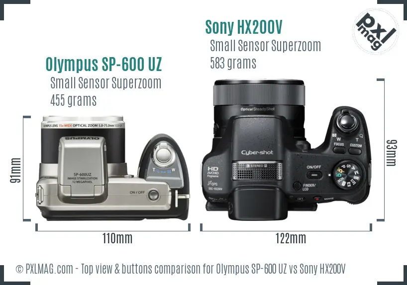 Olympus SP-600 UZ vs Sony HX200V top view buttons comparison