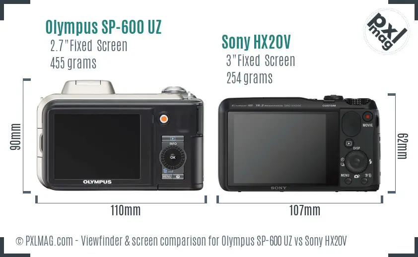 Olympus SP-600 UZ vs Sony HX20V Screen and Viewfinder comparison