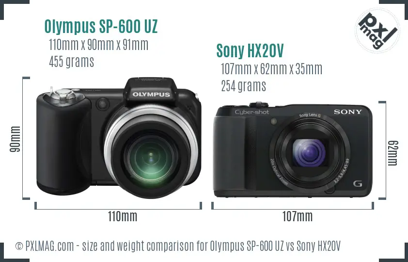 Olympus SP-600 UZ vs Sony HX20V size comparison