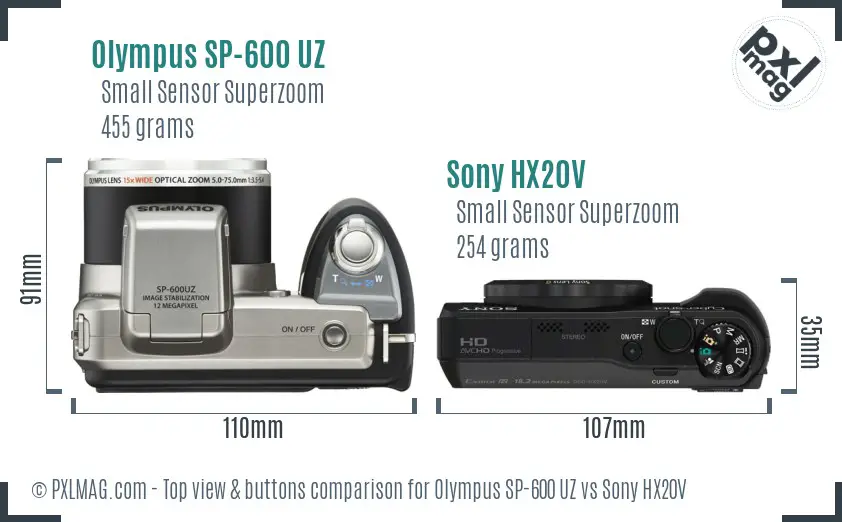 Olympus SP-600 UZ vs Sony HX20V top view buttons comparison