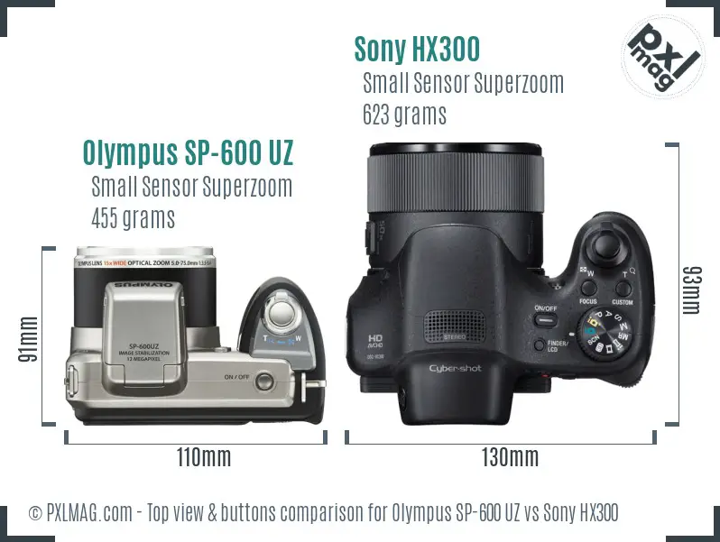 Olympus SP-600 UZ vs Sony HX300 top view buttons comparison