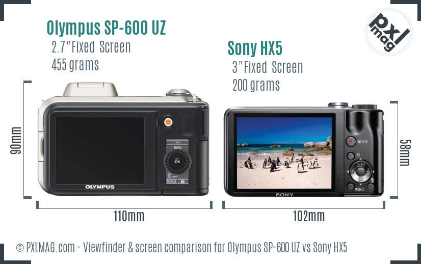 Olympus SP-600 UZ vs Sony HX5 Screen and Viewfinder comparison