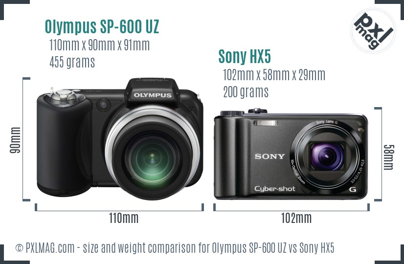 Olympus SP-600 UZ vs Sony HX5 size comparison