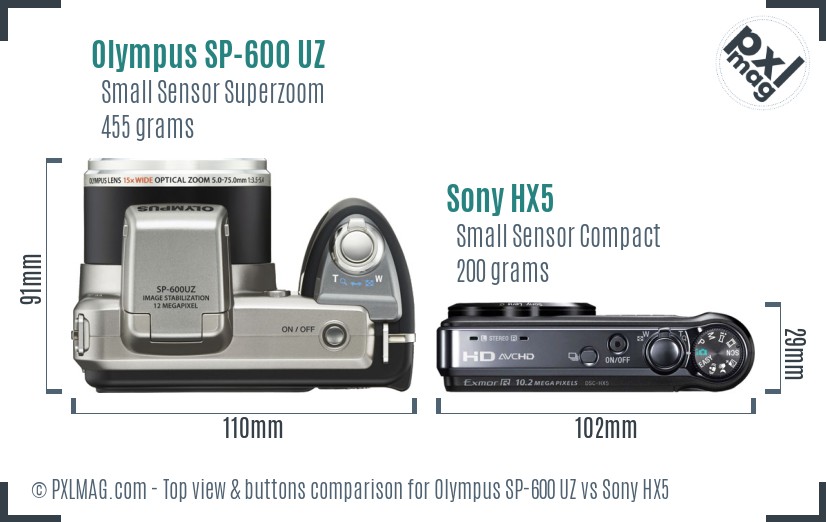 Olympus SP-600 UZ vs Sony HX5 top view buttons comparison