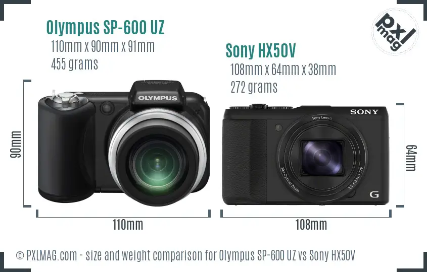 Olympus SP-600 UZ vs Sony HX50V size comparison