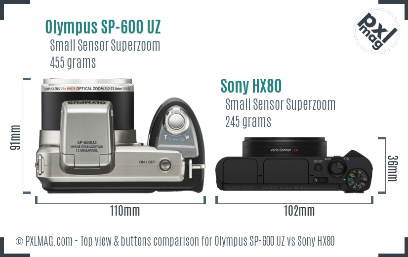 Olympus SP-600 UZ vs Sony HX80 top view buttons comparison