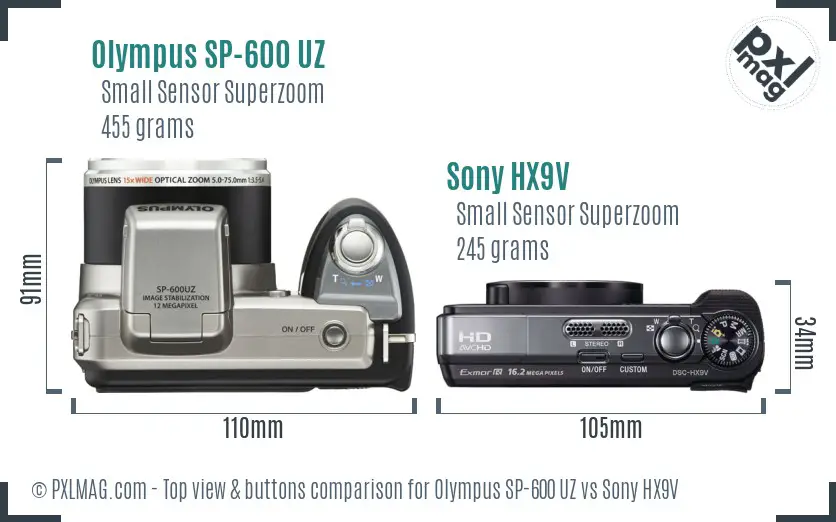 Olympus SP-600 UZ vs Sony HX9V top view buttons comparison