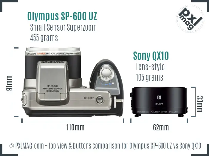 Olympus SP-600 UZ vs Sony QX10 top view buttons comparison