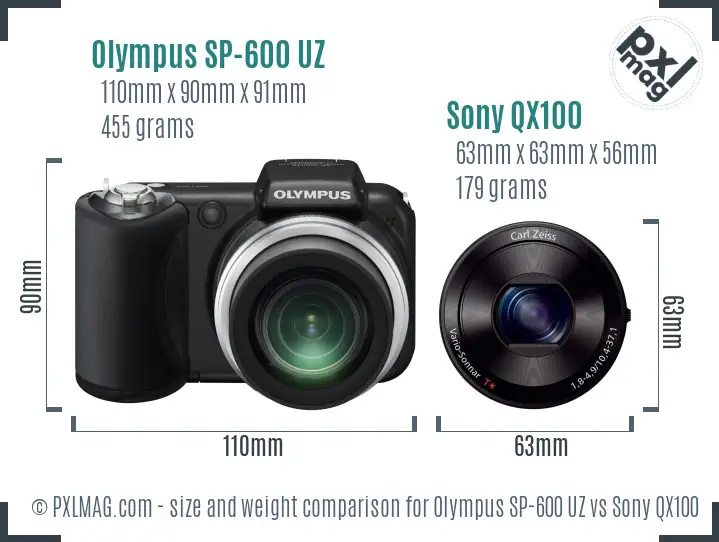 Olympus SP-600 UZ vs Sony QX100 size comparison Olympus SP-600 UZ vs Sony QX100 size comparison