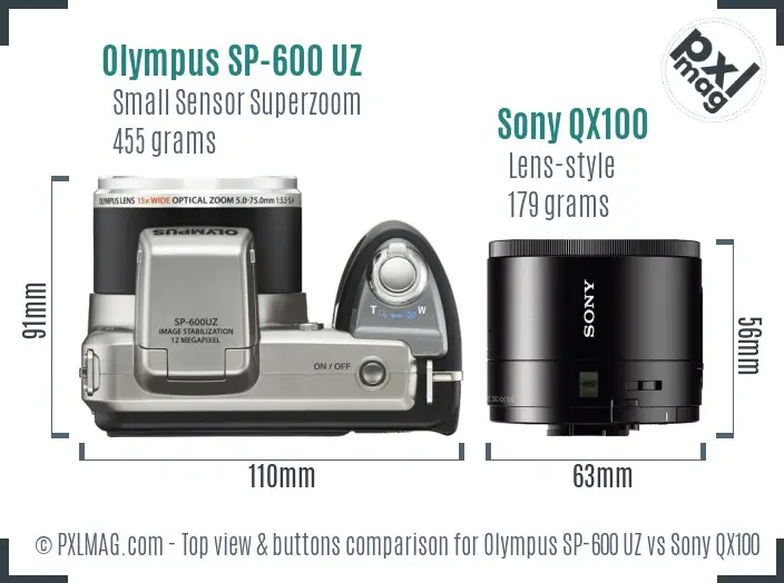 Olympus SP-600 UZ vs Sony QX100 top view buttons comparison