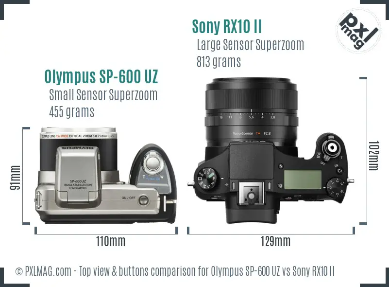 Olympus SP-600 UZ vs Sony RX10 II top view buttons comparison