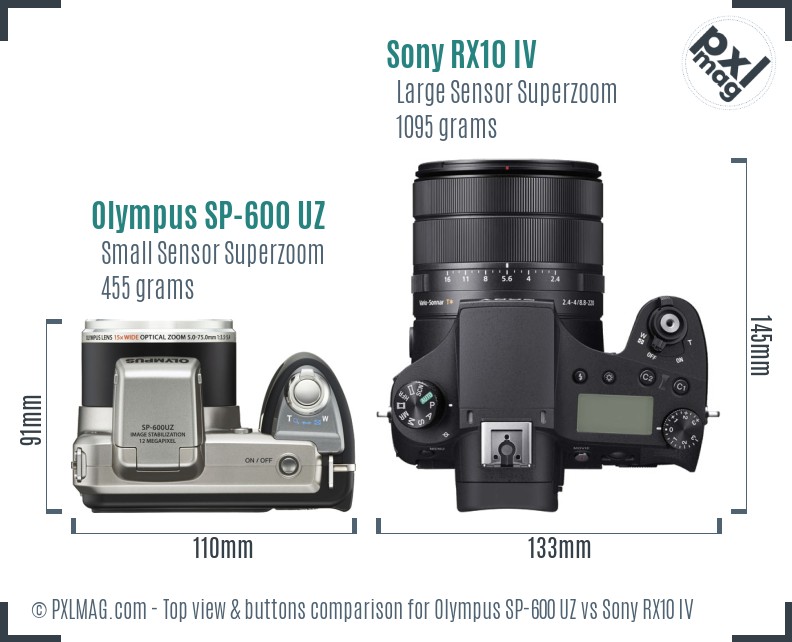 Olympus SP-600 UZ vs Sony RX10 IV top view buttons comparison