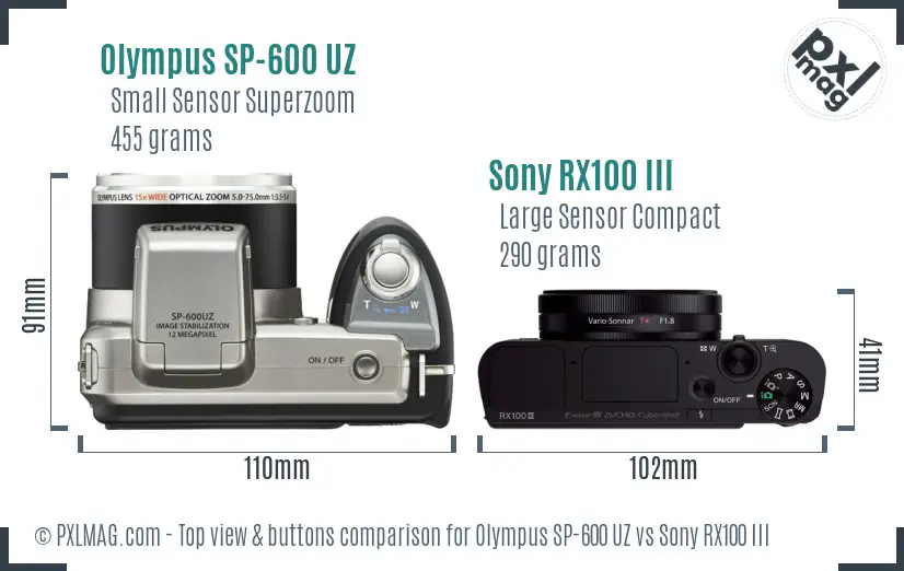 Olympus SP-600 UZ vs Sony RX100 III top view buttons comparison