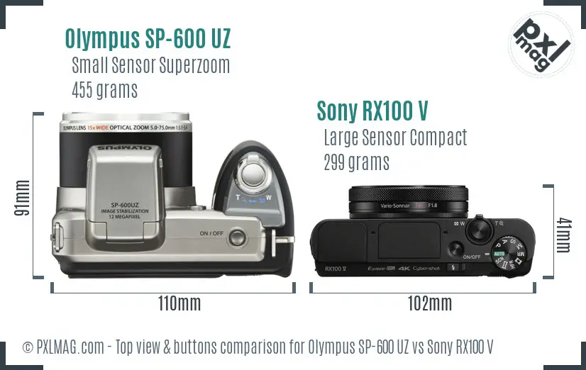 Olympus SP-600 UZ vs Sony RX100 V top view buttons comparison