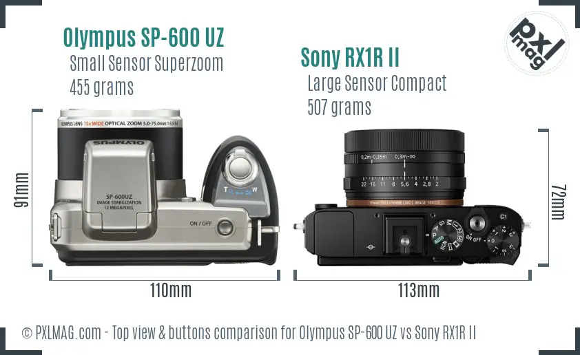 Olympus SP-600 UZ vs Sony RX1R II top view buttons comparison