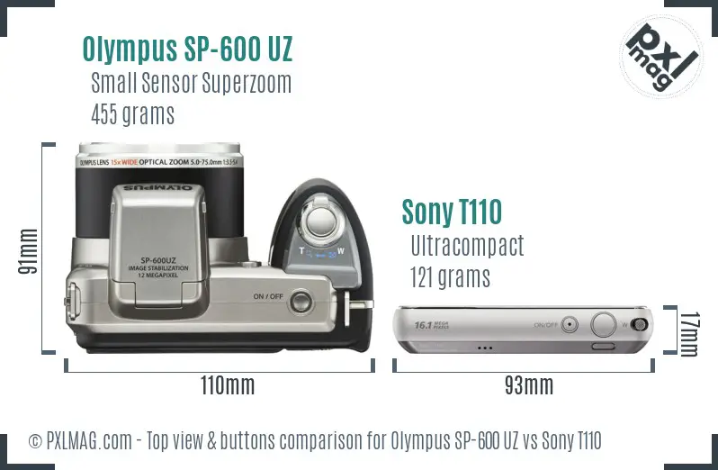 Olympus SP-600 UZ vs Sony T110 top view buttons comparison