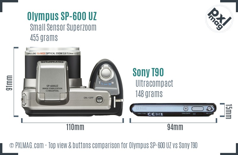 Olympus SP-600 UZ vs Sony T90 top view buttons comparison