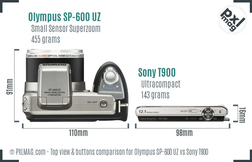 Olympus SP-600 UZ vs Sony T900 top view buttons comparison